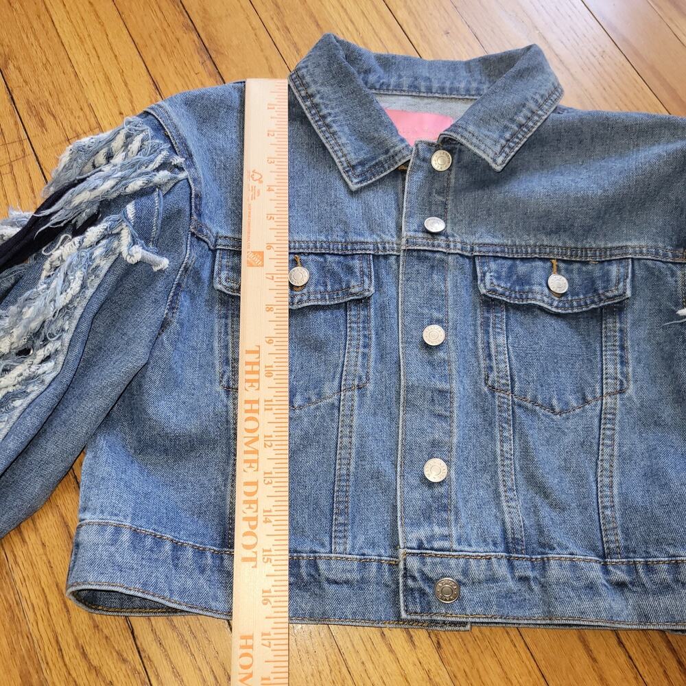 Azalea Wang Blue Denim Jacket Cropped Lace Up Sleeve Fringe Rocker Sz Large - Picture 9 of 12